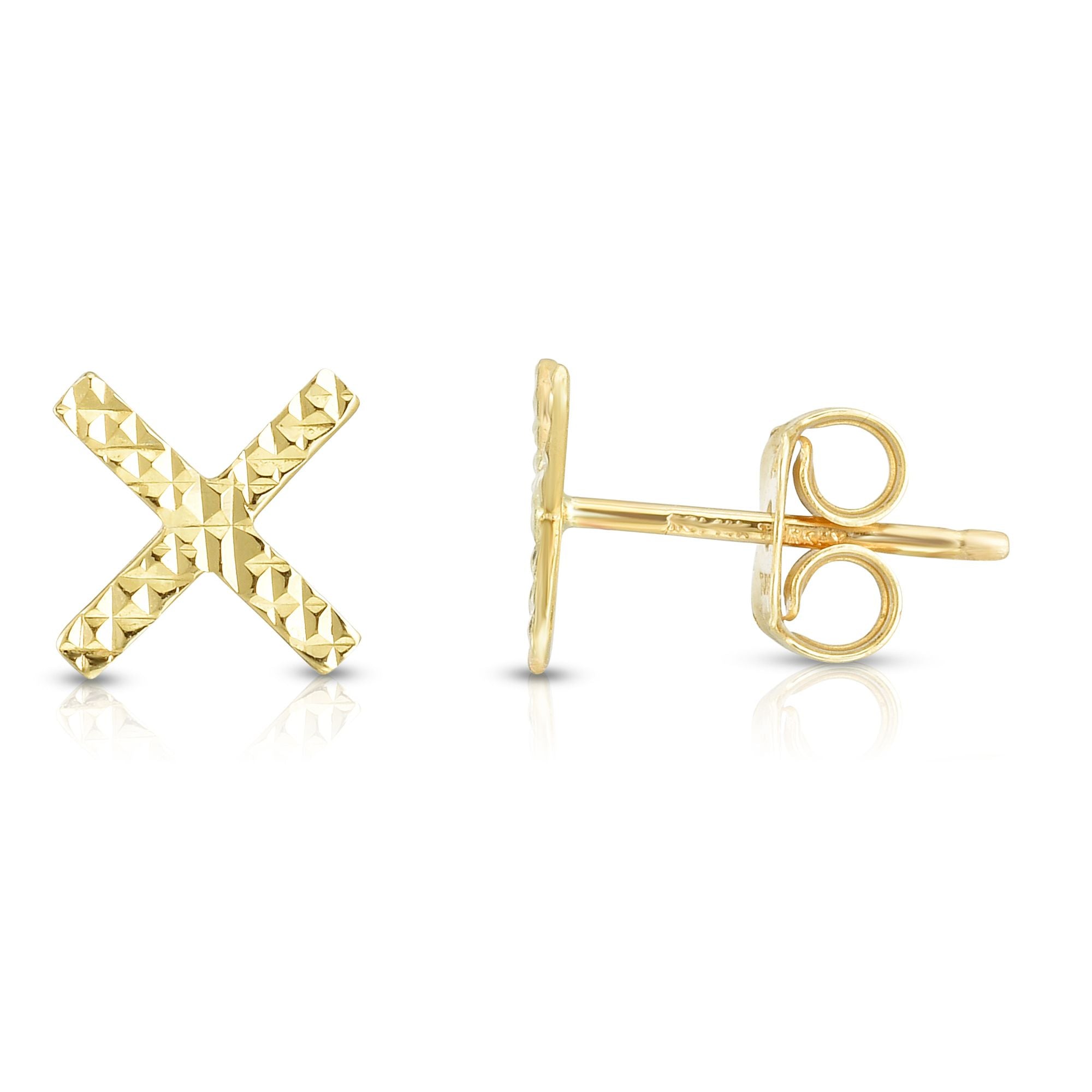Minimalist Solid Gold Diamond Cut Fancy Post X Earrings with Push Back Earrings - wingroupjewelry
