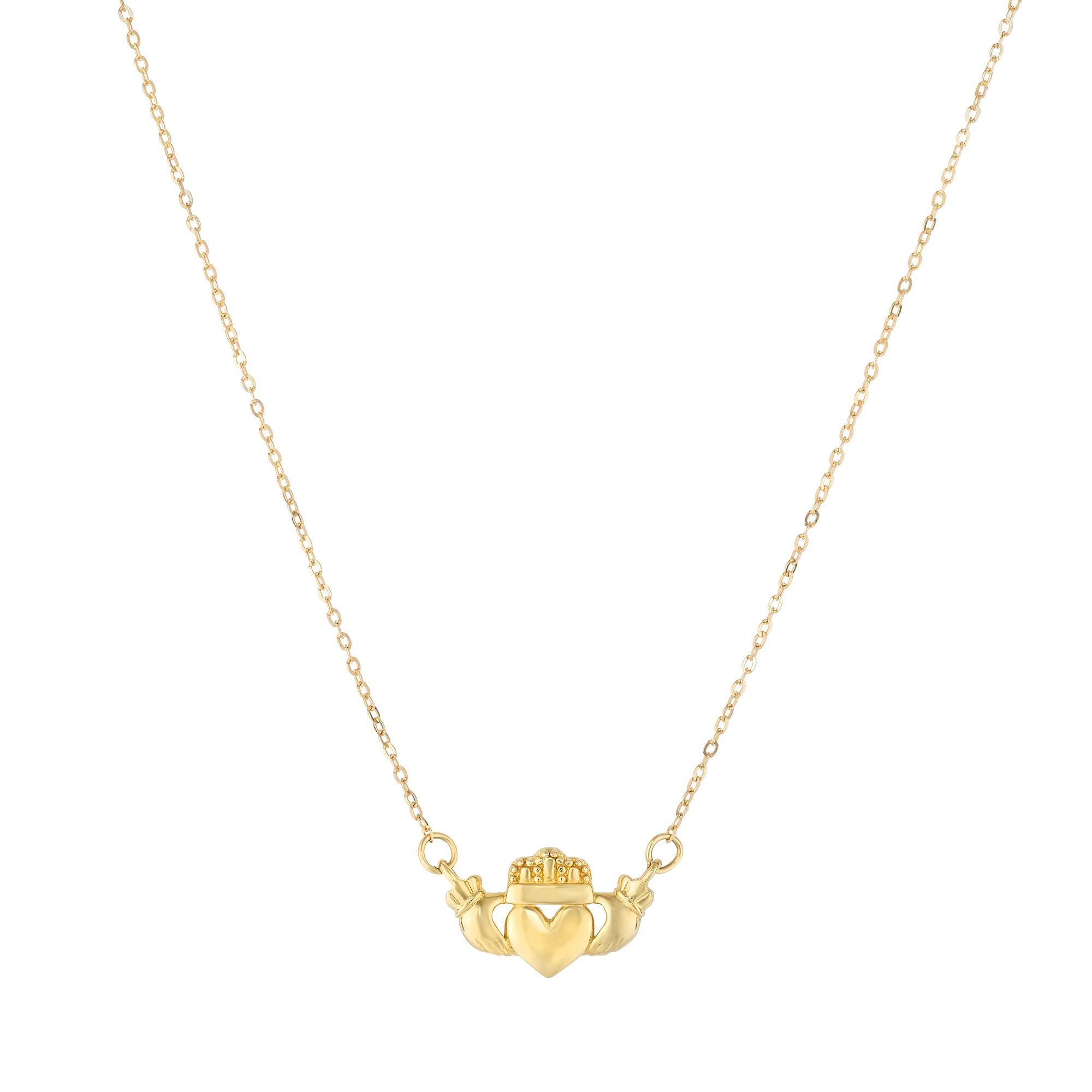 Minimalist Solid Gold Claddagh Necklace, Fainne Chladaigh Necklace - wingroupjewelry