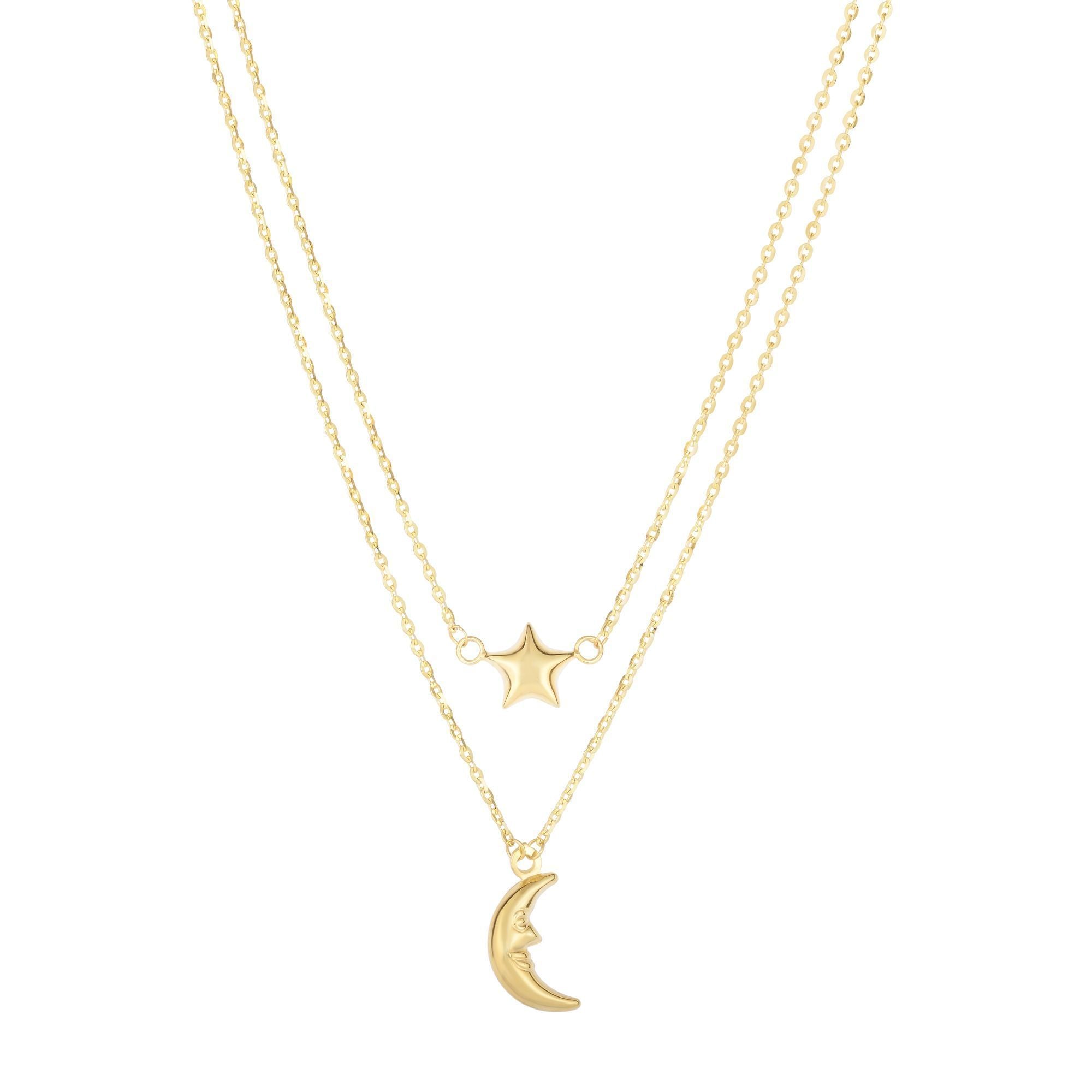 Solid Gold Puff Star and Crescent Moon Layered Necklace - wingroupjewelry